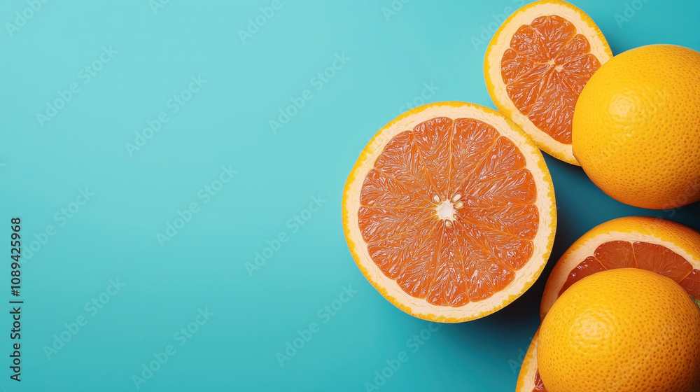 Fresh sliced oranges and whole oranges on a vibrant blue background, showcasing the bright and juicy texture of the fruit. Fresh sliced oranges and whole oranges on a vibrant blue background, showcasing the bright and juicy texture of the fruit.