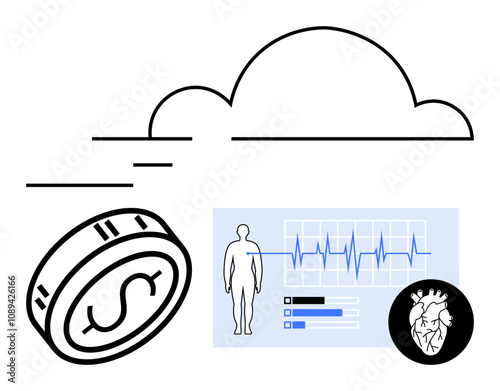 Cloud with data lines, dollar coin, human figure, vital signs monitor, heart symbol. Ideal for finance, healthcare, technology data analysis cloud storage integration economy. Line metaphor