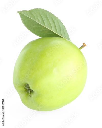 One fresh apple with green leaf isolated on white