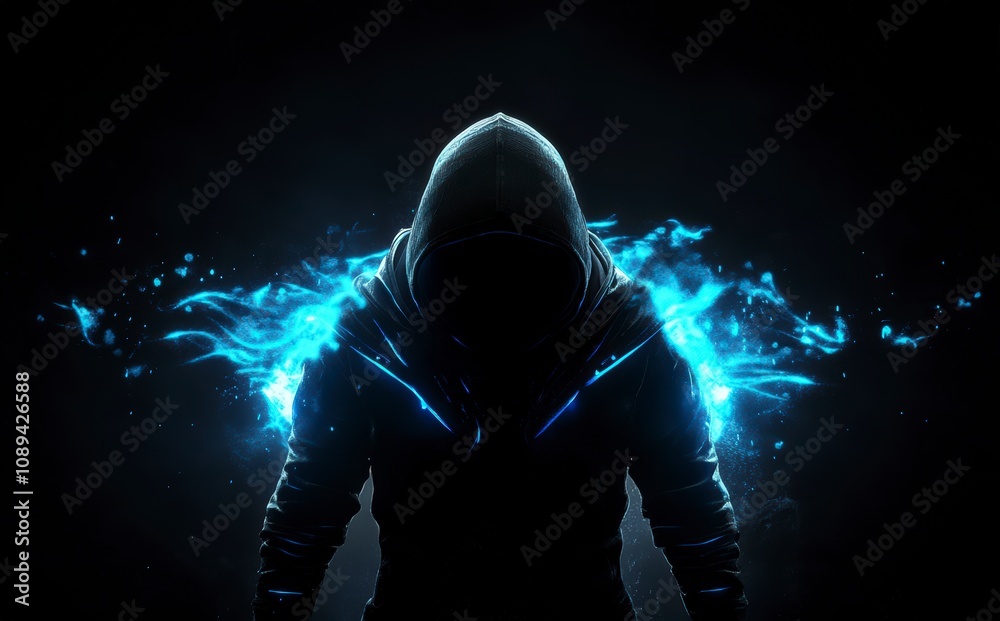 Mysterious hooded silhouette with glowing smoke Mysterious hooded silhouette with glowing smoke