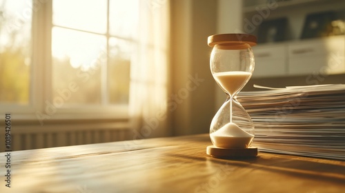 Stack of documents and an hourglass on a wooden table in a sunlit room, representing the passing of time and the pressure of deadlines photo