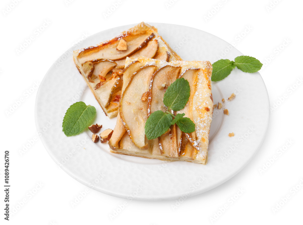 Pieces of tasty puff pastry pie with pears and mint isolated on white Pieces of tasty puff pastry pie with pears and mint isolated on white