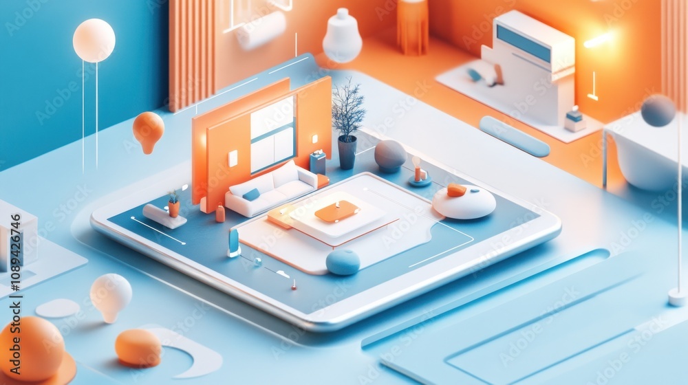 Fototapeta premium A dynamic interactive smart home display on a tablet, surrounded by AR elements 