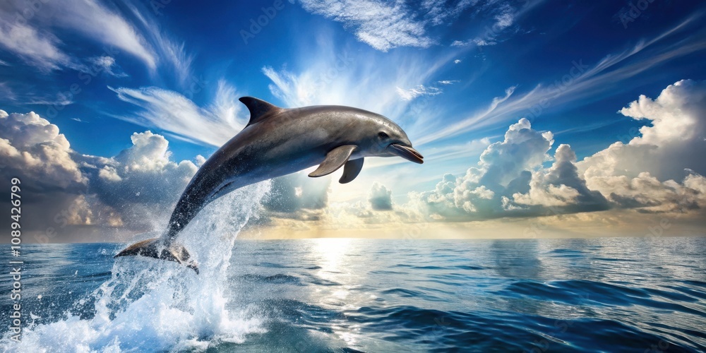 A Majestic Dolphin Soaring Through the Air, Its Silky Form Gliding Effortlessly Above a Pristine Blue Sea, the Sun's Rays Filtering Through White Clouds A Majestic Dolphin Soaring Through the Air, Its Silky Form Gliding Effortlessly Above a Pristine Blue Sea, the Sun's Rays Filtering Through White Clouds