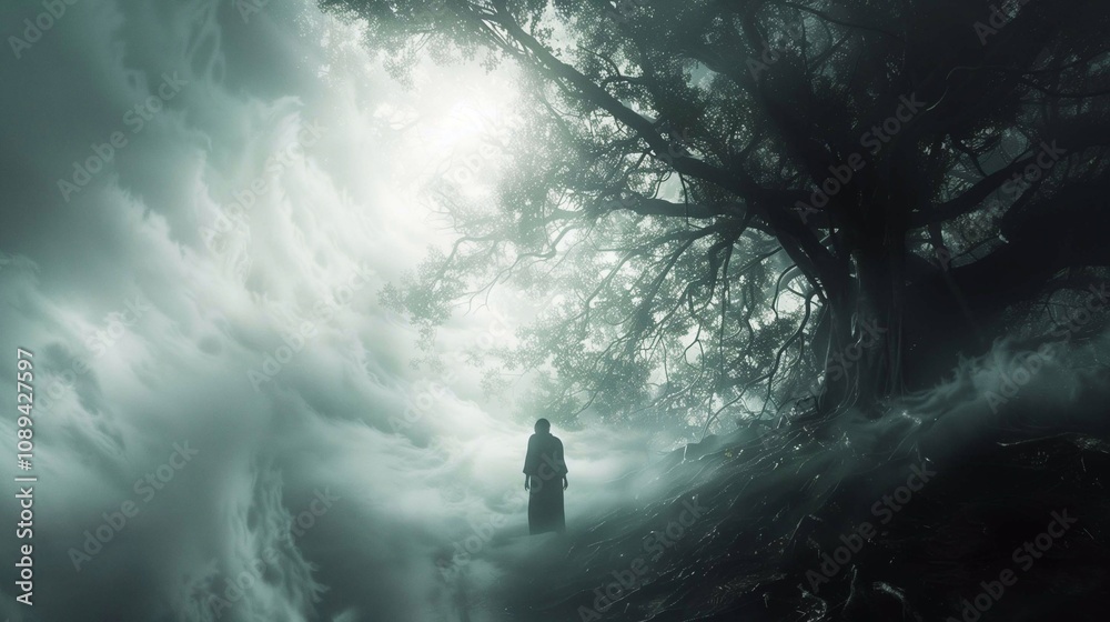 Fototapeta premium Exploring the ethereal journey in the afterlife surrounded by mist and ancient trees