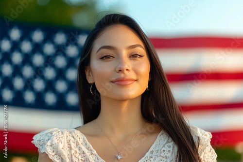 A woman smiles confidently in front of an American flag backdrop. photo