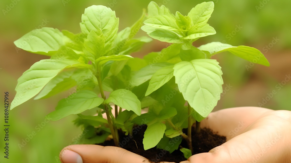 Young Basil Plants Held Gently In A Hand Young Basil Plants Held Gently In A Hand
