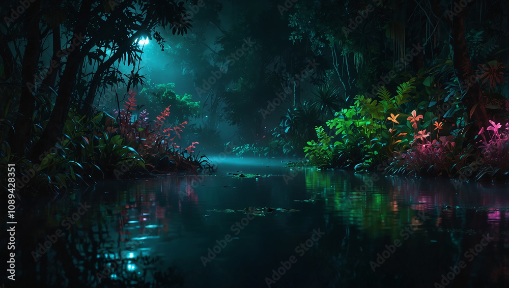A surreal bioluminescent jungle at night A surreal bioluminescent jungle at night