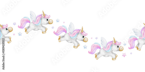 Unicorn and stars. Watercolor nursery seamless border. Cute baby background. Print for kid's goods, clothes, textile, postcards, baby shower, wallpaper and children's room