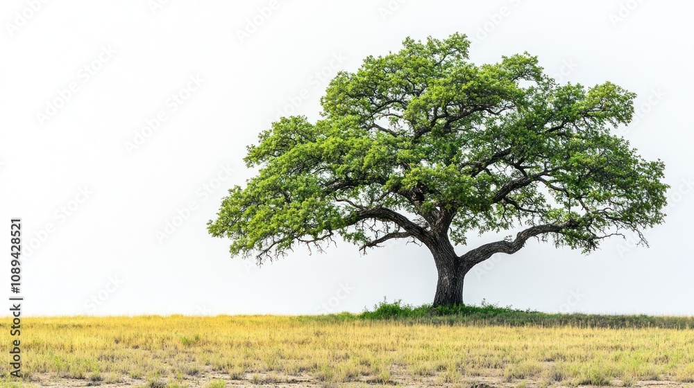 Obraz premium Lone tree on a grassy plain against a bright sky.