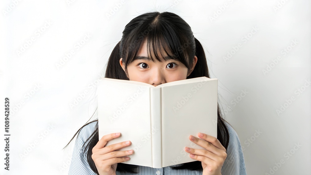 Portrait of a Girl With Black Hair Standing Straight to the Camera, Open White Book Partially Covering Her Face, With Studio Lighting and a Sharp White Background Portrait of a Girl With Black Hair Standing Straight to the Camera, Open White Book Partially Covering Her Face, With Studio Lighting and a Sharp White Background