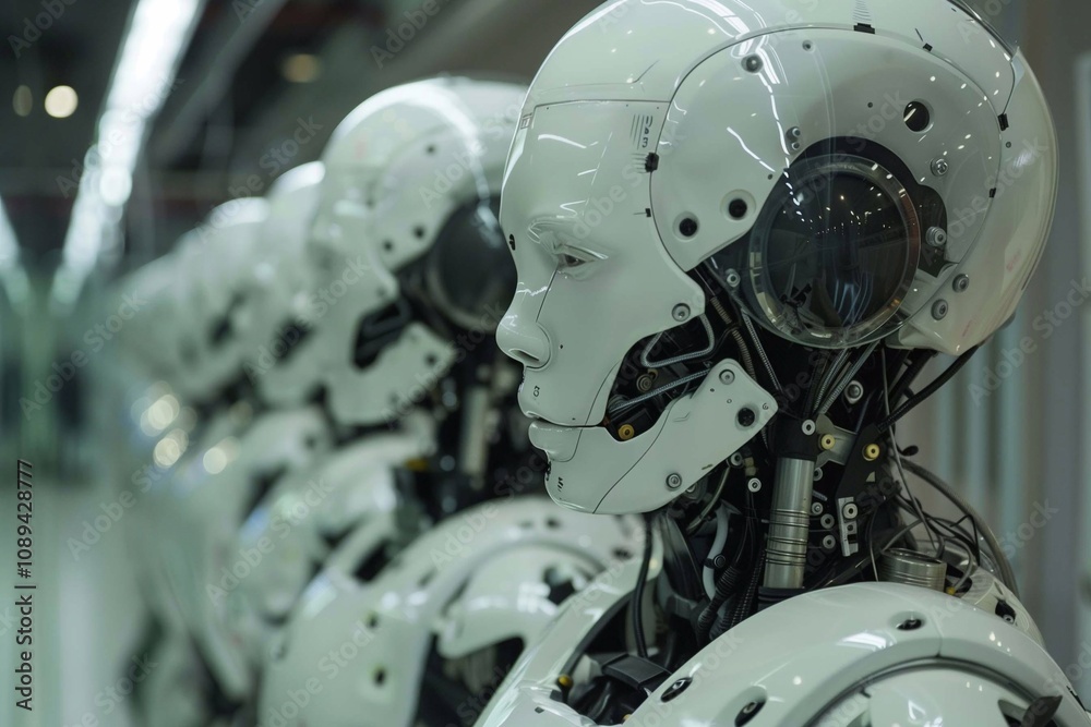 Human cloning displayed through advanced robotic figures in a futuristic lab environment Human cloning displayed through advanced robotic figures in a futuristic lab environment