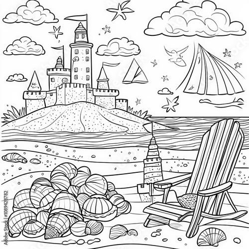 A beach scene with seashell...