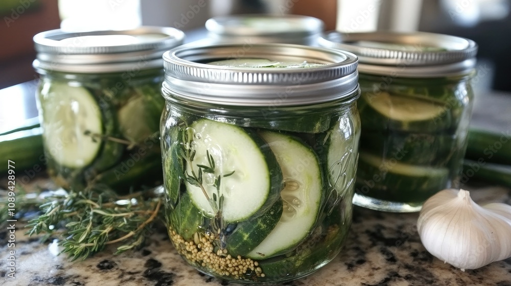 Fresh, crunchy cucumbers packed into glass jars on a sunny countertop, ready to be pickled, surrounded by herbs and garlic Fresh, crunchy cucumbers packed into glass jars on a sunny countertop, ready to be pickled, surrounded by herbs and garlic