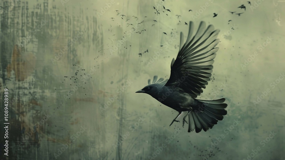 Fototapeta premium Lark in flight against a muted backdrop with an array of smaller birds surrounding