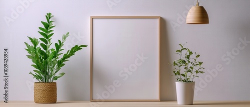 minimalist interior design with plants and empty frame