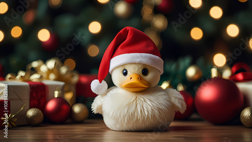 Close up of a Cute Duckling wearing a Santa Claus hat on a table with Christmas attributes around it