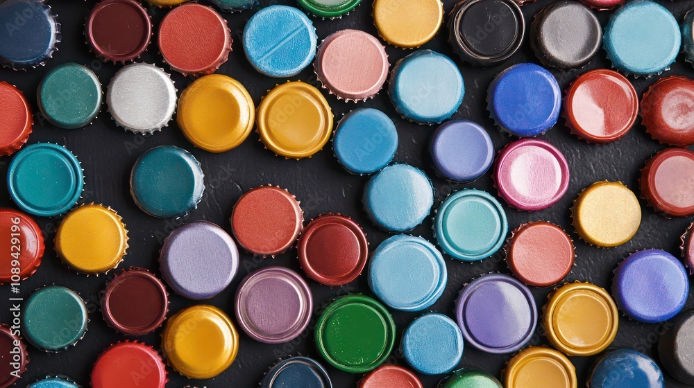 Colorful bottle caps arranged in a random pattern on a dark background. Colorful bottle caps arranged in a random pattern on a dark background.