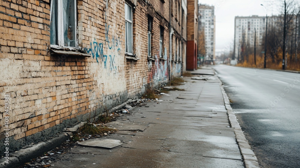 Abandoned brick building covered in graffiti, showcasing urban decay and neglect in a deserted city street Abandoned brick building covered in graffiti, showcasing urban decay and neglect in a deserted city street