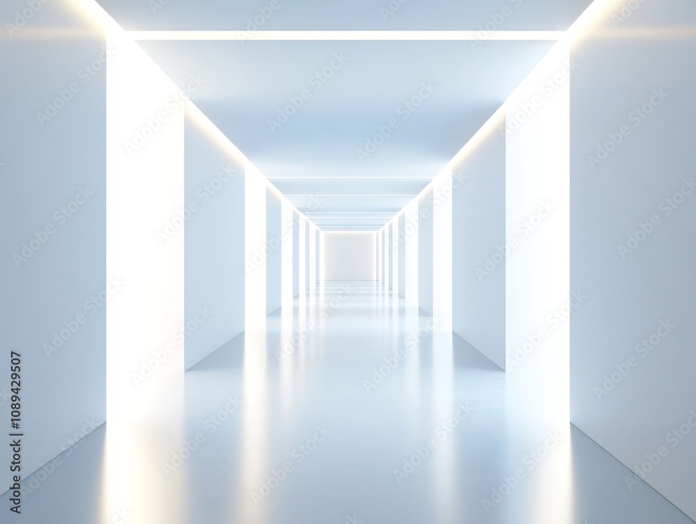 Glowing Minimalist Hallway Leading to an Uncluttered Living Space Representing the Journey to Simplicity Glowing Minimalist Hallway Leading to an Uncluttered Living Space Representing the Journey to Simplicity