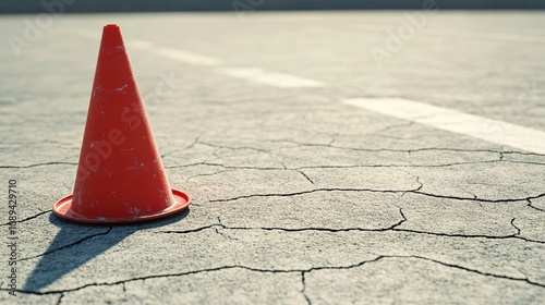 Red traffic cone indicating restricted access or road closure on cracked asphalt