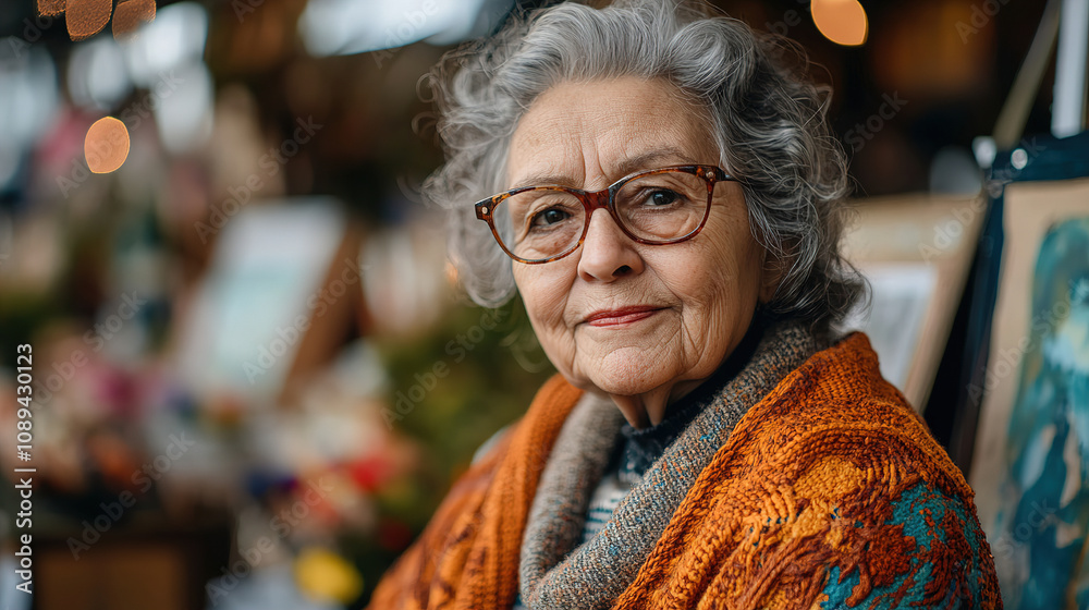 Elderly woman with glasses and gray hair smiles warmly at outdoor market, surrounded by colorful floral displays in autumn. Generative AI Elderly woman with glasses and gray hair smiles warmly at outdoor market, surrounded by colorful floral displays in autumn. Generative AI