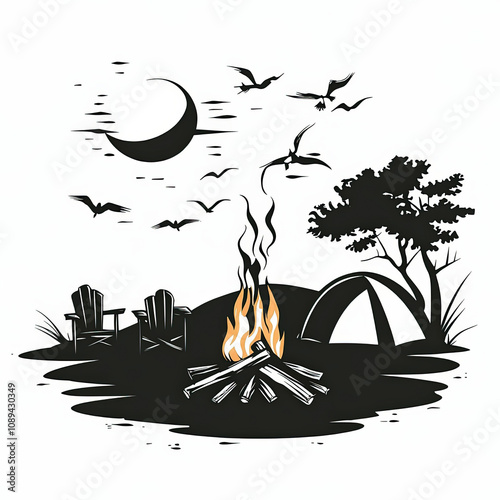 Camp Fire Silhouette, Black...