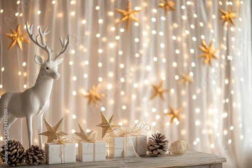 Elegant modern wedding setup with white curtains, soft bokeh lights, wooden table, and star decorations. Featuring gift boxes, a white deer statue, and golden ornaments. photo