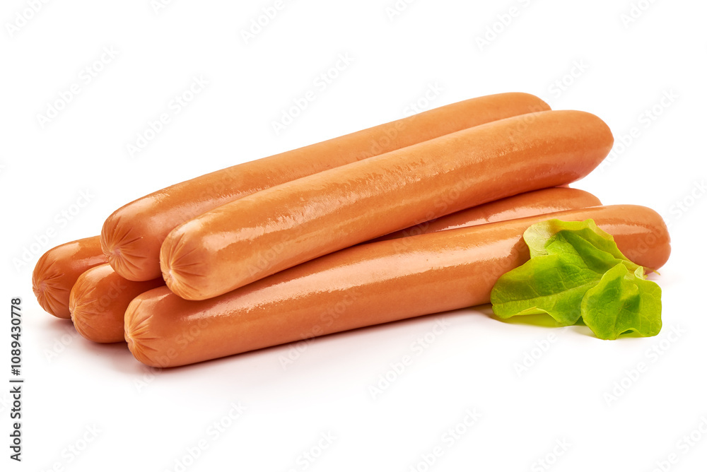 Fresh chicken hot dog sausages, close-up, isolated on white background. Fresh chicken hot dog sausages, close-up, isolated on white background.
