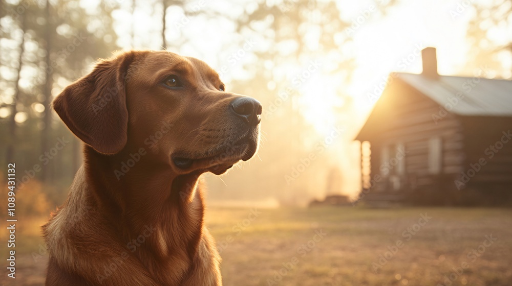 Naklejka premium Gorgeous fox red labrador retriever basking in the sunrise in front of a rustic countryside home