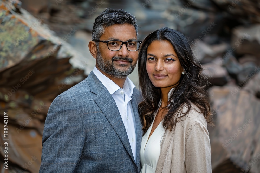 Portrait of a blissful indian couple in their 40s wearing a professional suit jacket isolated on rocky cliff background Portrait of a blissful indian couple in their 40s wearing a professional suit jacket isolated on rocky cliff background