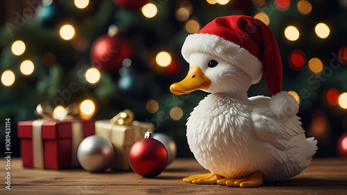 Close up of a Cute Duckling wearing a Santa Claus hat on a table with Christmas attributes around it