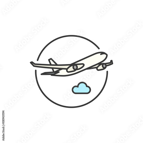 This icon illustrates an airplane in mid-flight, encircled by a partial ring with a small cloud beneath it. It symbolizes the excitement, adventure and convenience of air travel