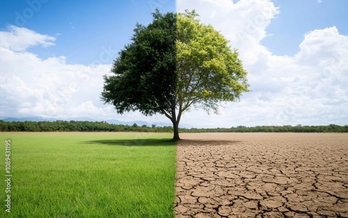 A split image of a tree representing contrasting environments lush vs. dry.