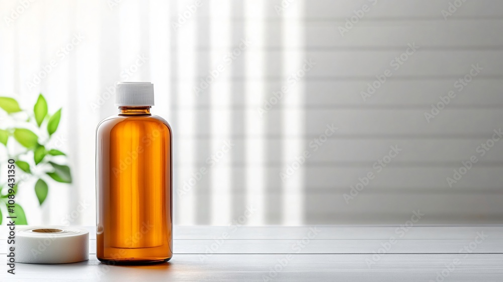 Amber medicine bottle with white cap and medical tape sitting on table with bright window light and copy space Amber medicine bottle with white cap and medical tape sitting on table with bright window light and copy space