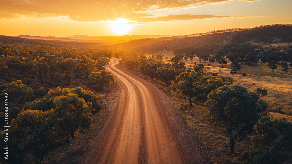 Vibrant evening hues illuminate a dirt road meandering through lush greenery and rolling hills in rural Australia. Vibrant evening hues illuminate a dirt road meandering through lush greenery and rolling hills in rural Australia.