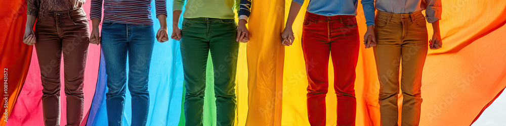 Color Convergence: A group of people standing under a colorful banner, holding hands in unity. Color Convergence: A group of people standing under a colorful banner, holding hands in unity.