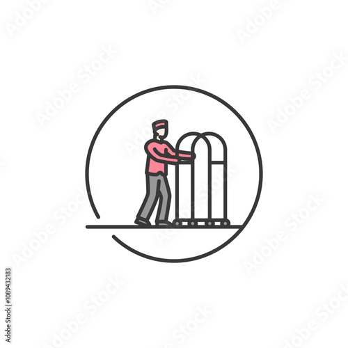 This icon shows a hotel bellboy carrying trolleys, capturing the essence of travel. Its clean design highlights the ease and convenience of modern travel experiences