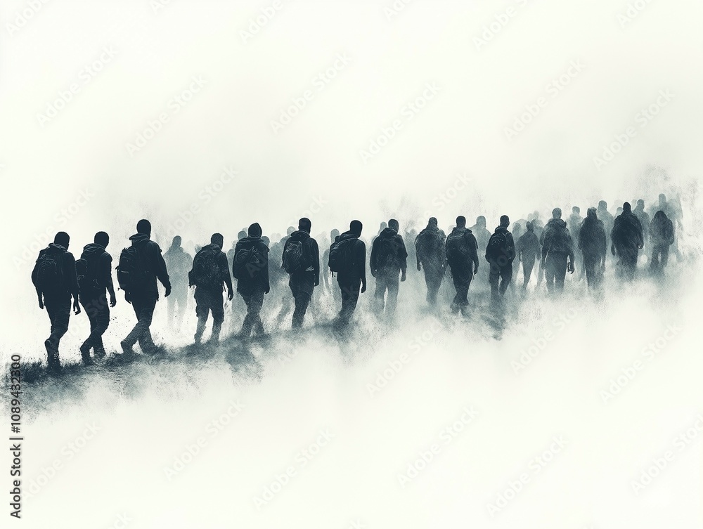 Refugees and immigrants looking for a new hope in life. Silhouette. Column of migrants. Abandon their lands for a better future. Borders