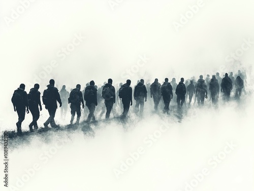 Obraz na płótnie Refugees and immigrants looking for a new hope in life. Silhouette. Column of migrants. Abandon their lands for a better future. Borders w salonie
