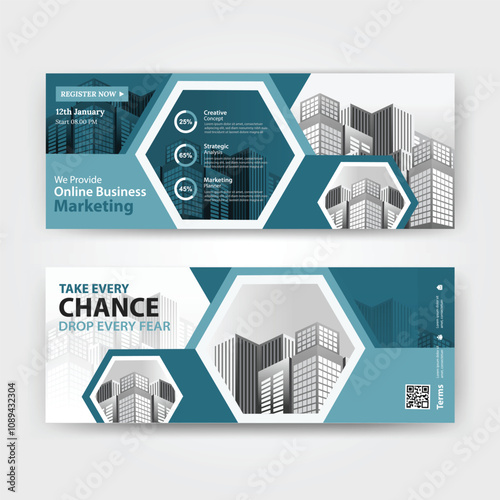 Blue color abstract corporate business banner template, horizontal advertising business banner layout template for website design.