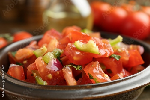 Delicious spicy salsa with herbs in bowl, closeup