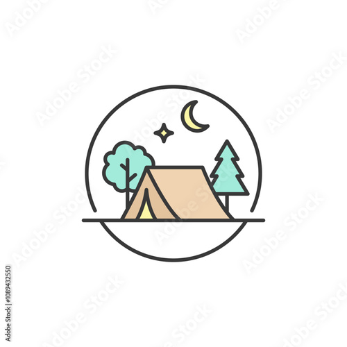 This icon showcases a tent under a crescent moon and stars, surrounded by trees. It highlights the peaceful and adventurous essence of camping travel and nature exploration