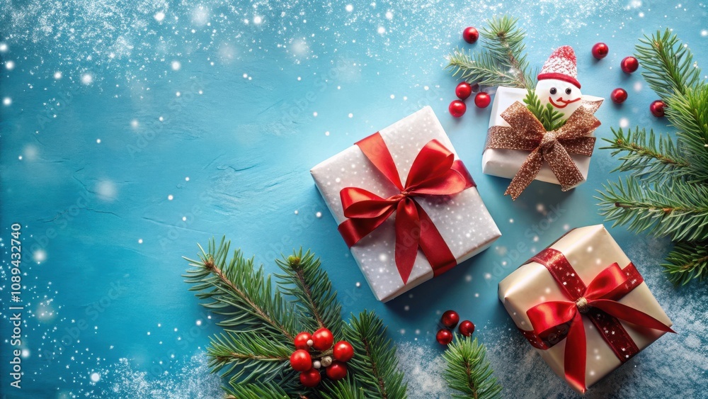 Festive Christmas Presents Adorned with Evergreen Branches and Red Berries on a Blue Snowy Background Festive Christmas Presents Adorned with Evergreen Branches and Red Berries on a Blue Snowy Background