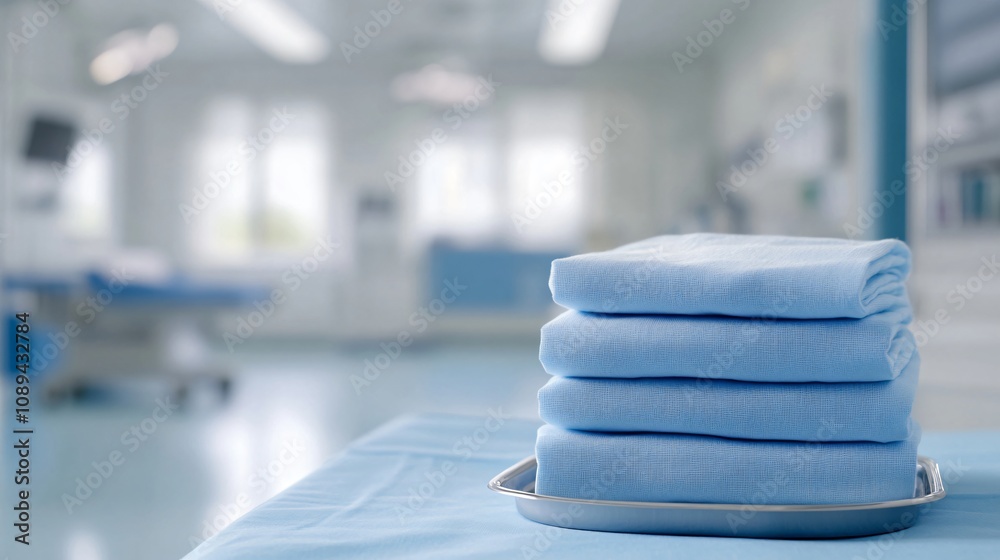 Blue surgical drapes neatly stacked on a metal tray in a sterile operating room, representing cleanliness and readiness Blue surgical drapes neatly stacked on a metal tray in a sterile operating room, representing cleanliness and readiness