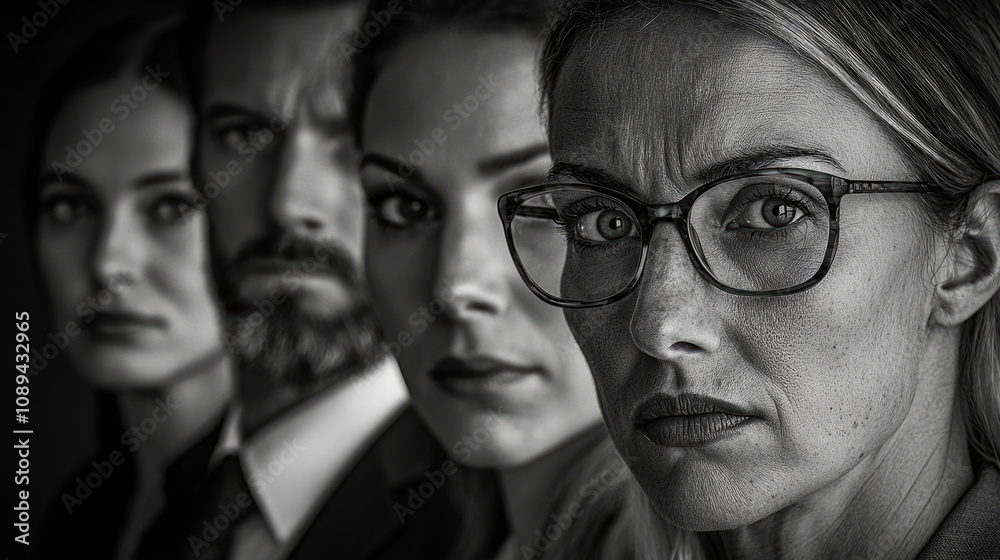 Four individuals in serious expressions wearing formal attire