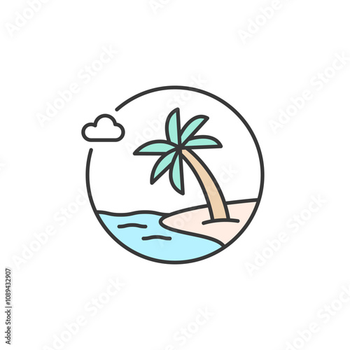 This icon shows a tranquil beach scene with a palm tree, gentle waves, and a small cloud, framed in a circle. It evokes the serene and relaxing vibes of coastal travel