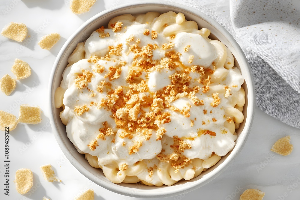 A bowl of macaroni topped with creamy sauce and crunchy crumbs, showcasing a comforting dish. A bowl of macaroni topped with creamy sauce and crunchy crumbs, showcasing a comforting dish.