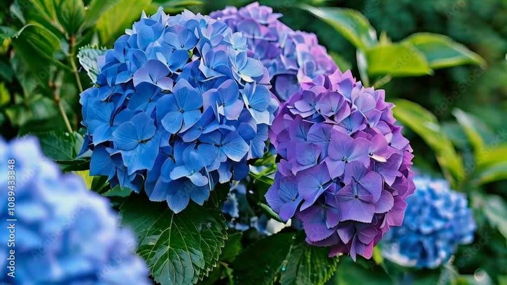 Vibrant blue and purple hydrangeas blooming in a lush green garden. Vibrant blue and purple hydrangeas blooming in a lush green garden.