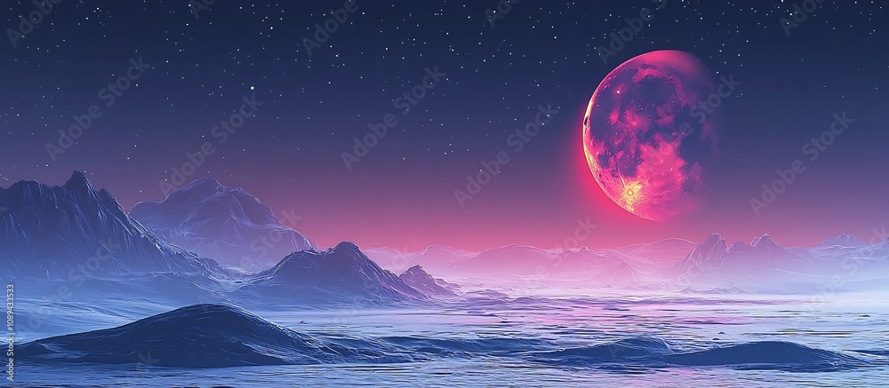 Dramatic Lunar Eclipse Over Surreal Cosmic Landscape with Glowing Red Moon Dramatic Lunar Eclipse Over Surreal Cosmic Landscape with Glowing Red Moon